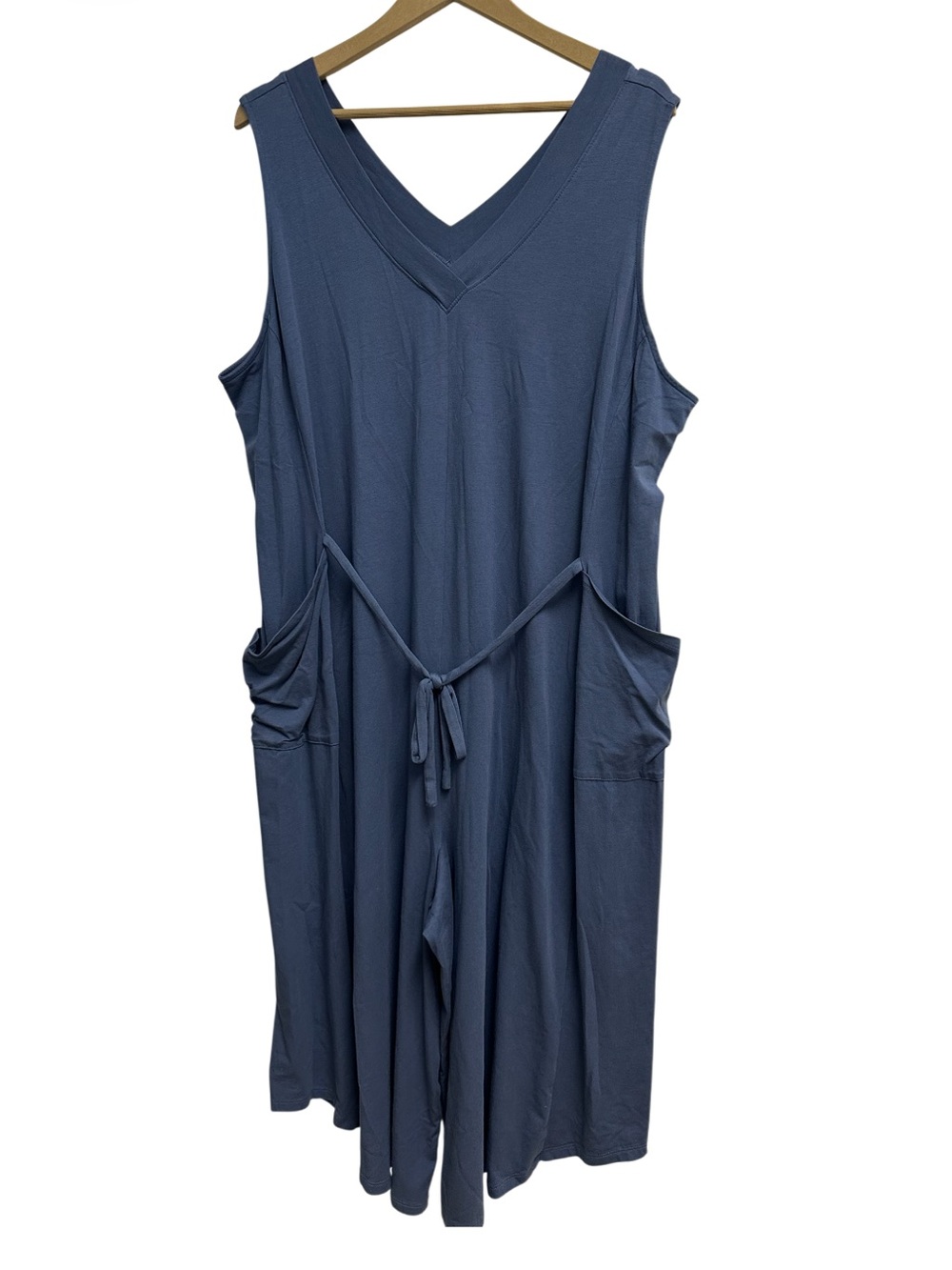 AnyBody Blue Knit Gaucho Jumpsuit Tie Waist Pockets Women’s 2X